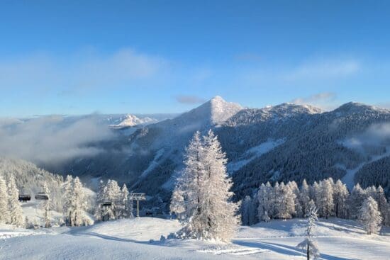 Blick von der Gamskogel Mittelstation, frischer Pulverschnee und glitzernde Bäume